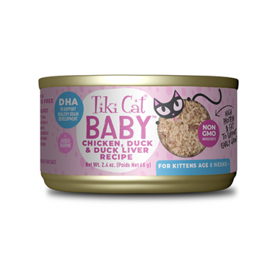 TIKI CAT BABY FOR KITTENS AGE 8 WEEKS + CHICKEN, DUCK & DUCK LIVER RECIPE WET CAT FOOD 2.4OZ