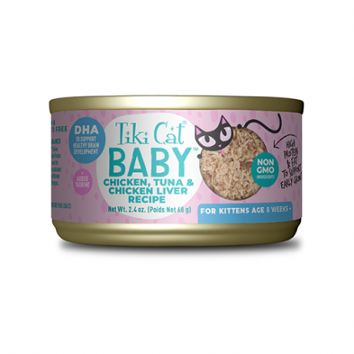 TIKI CAT BABY FOR KITTENS AGE 8 WEEKS + CHICKEN, TUNA & CHICKEN LIVER RECIPE WET CAT FOOD 2.4OZ