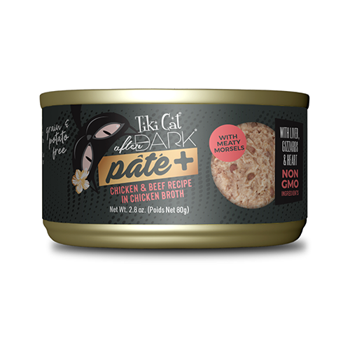 TIKI CAT AFTER DARK PÂTÉ+ CHICKEN & BEEF RECIPE IN CHICKEN BROTH WET CAT FOOD 2.8OZ