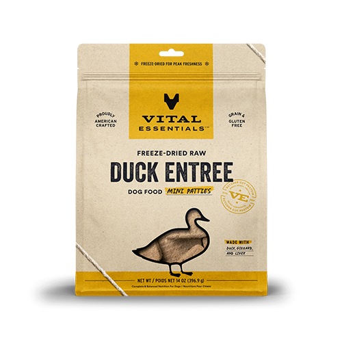 VITAL ESSENTIALS FREEZE-DRIED RAW DUCK ENTREE DOG FOOD MINI PATTIES 14 OZ