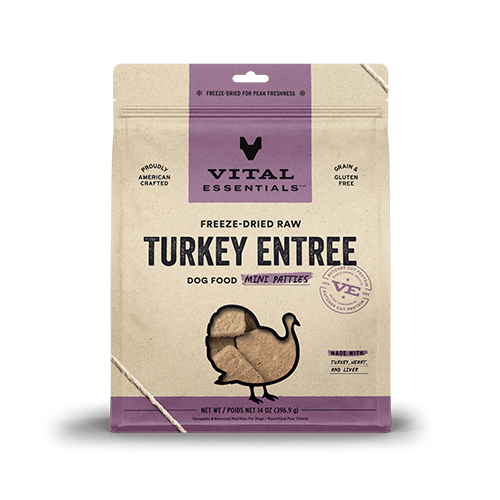 VITAL ESSENTIALS FREEZE-DRIED RAW TURKEY ENTREE DOG FOOD MINI PATTIES 14 OZ