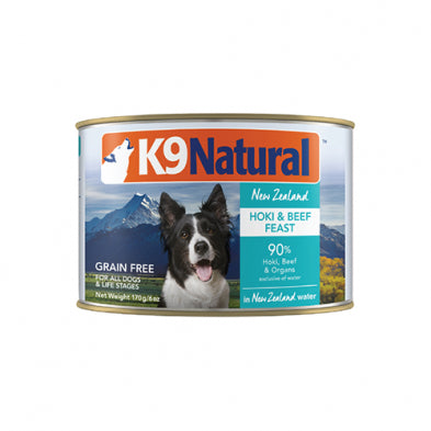K9 NATURAL NEW ZEALAND HOKI & BEEF FEAST IN NEW ZEALAND WATER GRAIN FREE WET DOG FOOD 6 OZ