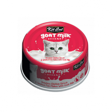 KIT CAT GOAT MILK GOURMET BONELESS CHICKEN SHREDS & SMOKED FISH FLAKES WITH GOAT MILK WET CAT FOOD 70GM