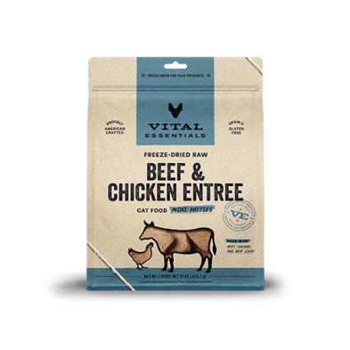 VITAL ESSENTIALS FREEZE-DRIED RAW BEEF & CHICKEN ENTREE MINI PATTIES CAT FOOD 15OZ