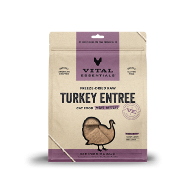 VITAL ESSENTIALS FREEZE-DRIED RAW TURKEY ENTREE MINI PATTIES CAT FOOD 15OZ
