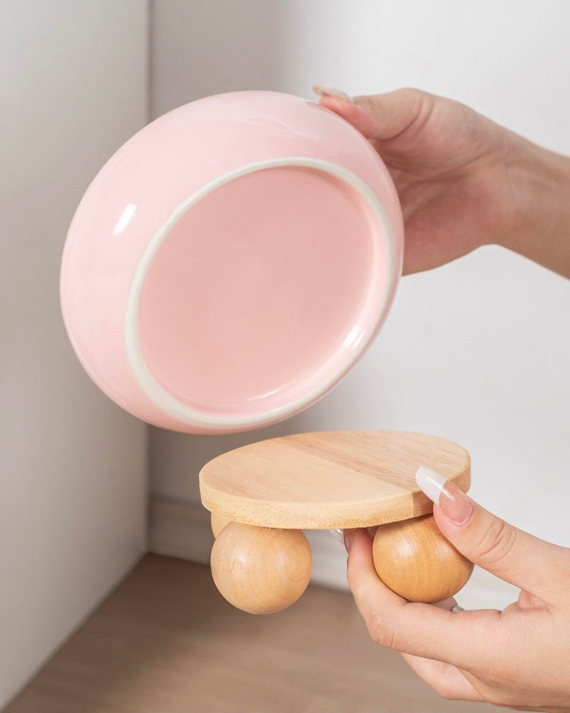 Puff Donut Cat Bowl With Wooden Stand