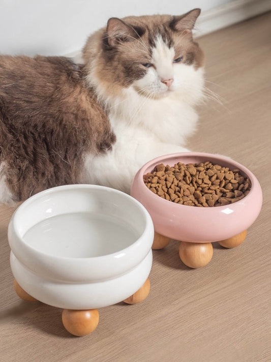 Puff Donut Cat Bowl With Wooden Stand