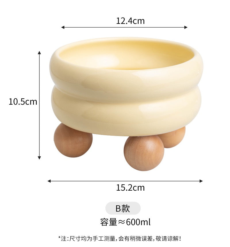 Puff Donut Cat Bowl With Wooden Stand