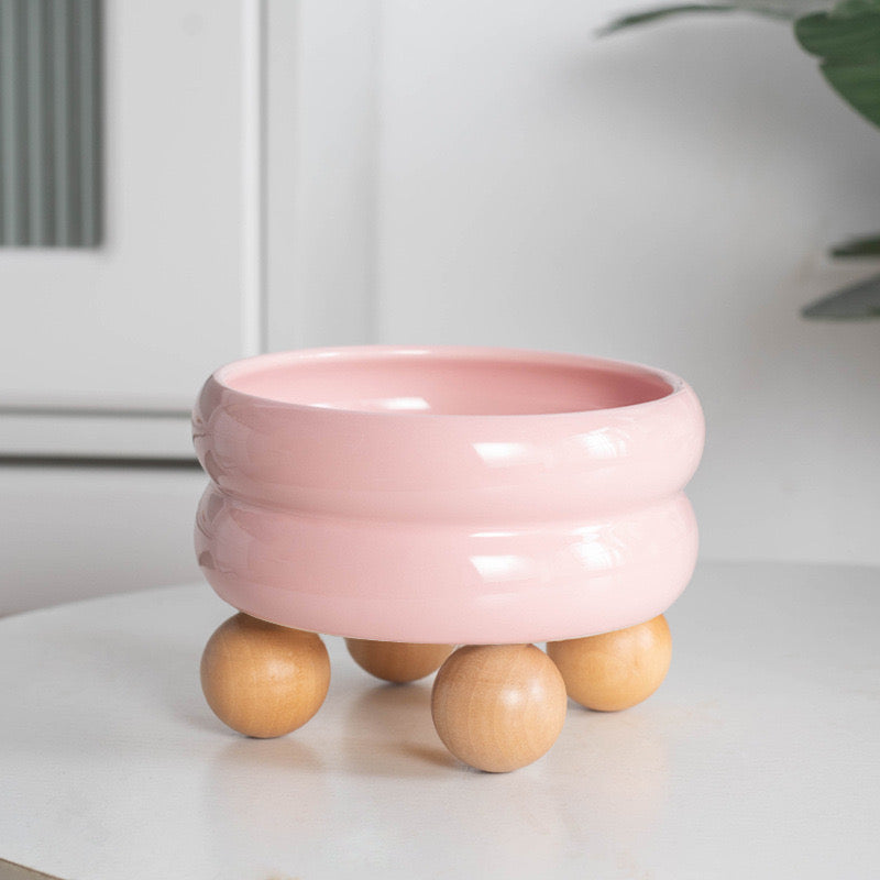 Puff Donut Cat Bowl With Wooden Stand