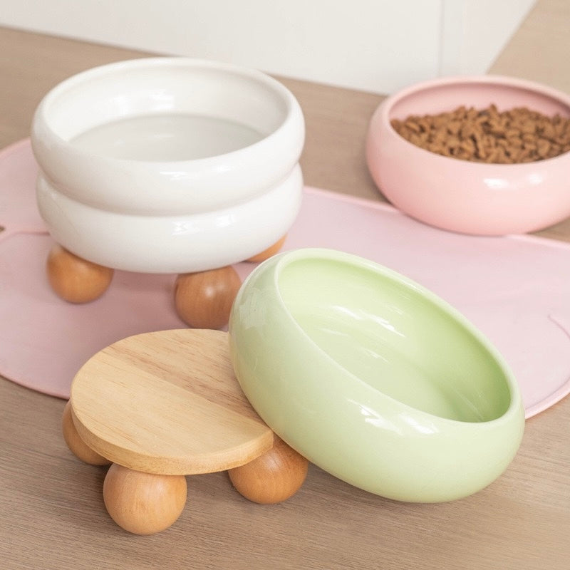 Puff Donut Cat Bowl With Wooden Stand
