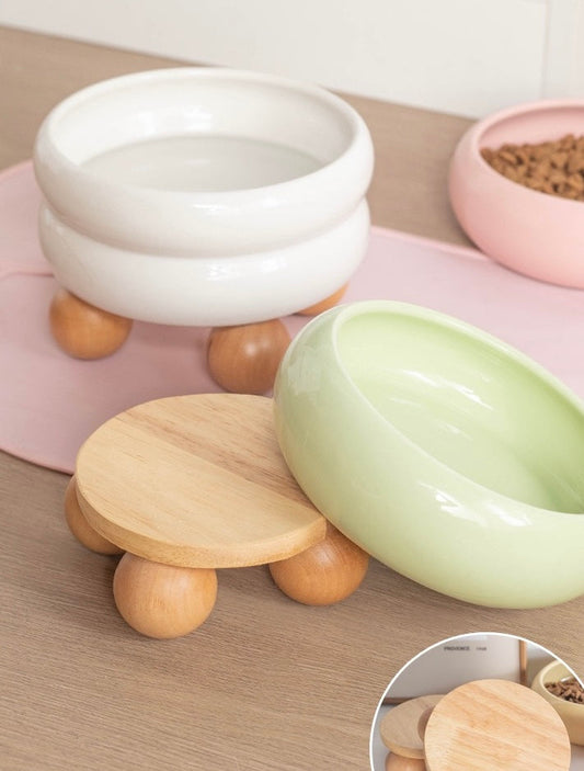 Puff Donut Cat Bowl With Wooden Stand